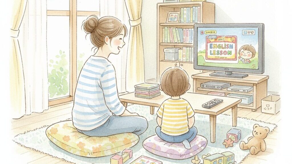 朝の支度を終えた3歳児が、テレビに映る英語DVDのメニュー画面を静かに見つめ、母親が後ろから優しく見守っている様子。