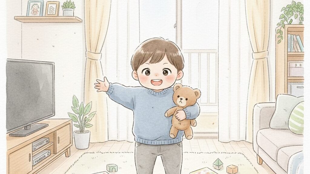 「Shall we play?」の声かけに嬉しそうにうなずく子どもと、微笑む親。ぬいぐるみを手にした自然なやりとりの一場面。