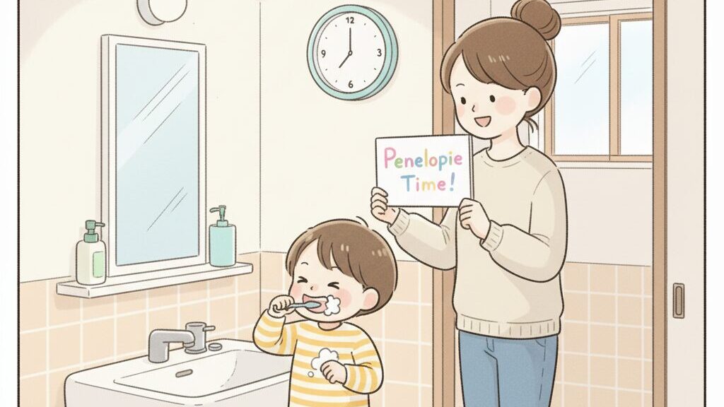 朝の支度を終えた子どもに「ペネロペ見ようか」と声をかける母親。背景には時計があり、生活リズムの一部としての使用が伝わる場面。
