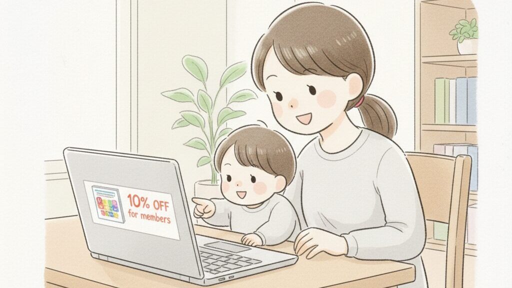 DVD公式サイトをパソコンでチェックする母親と、それを覗き込む3歳児。「10%OFF」バナーが表示された画面を見ながら購入を検討する様子。