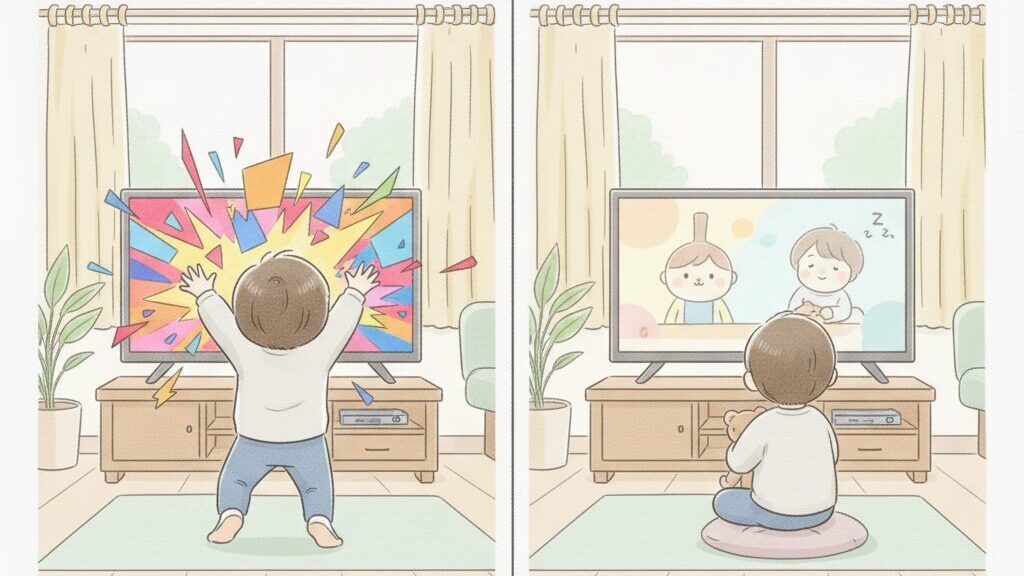 左側では派手なアニメを見て立ち上がっている子ども、右側では落ち着いて英語DVDを見ている同じ子ども。テンポの違いによる反応の対比。